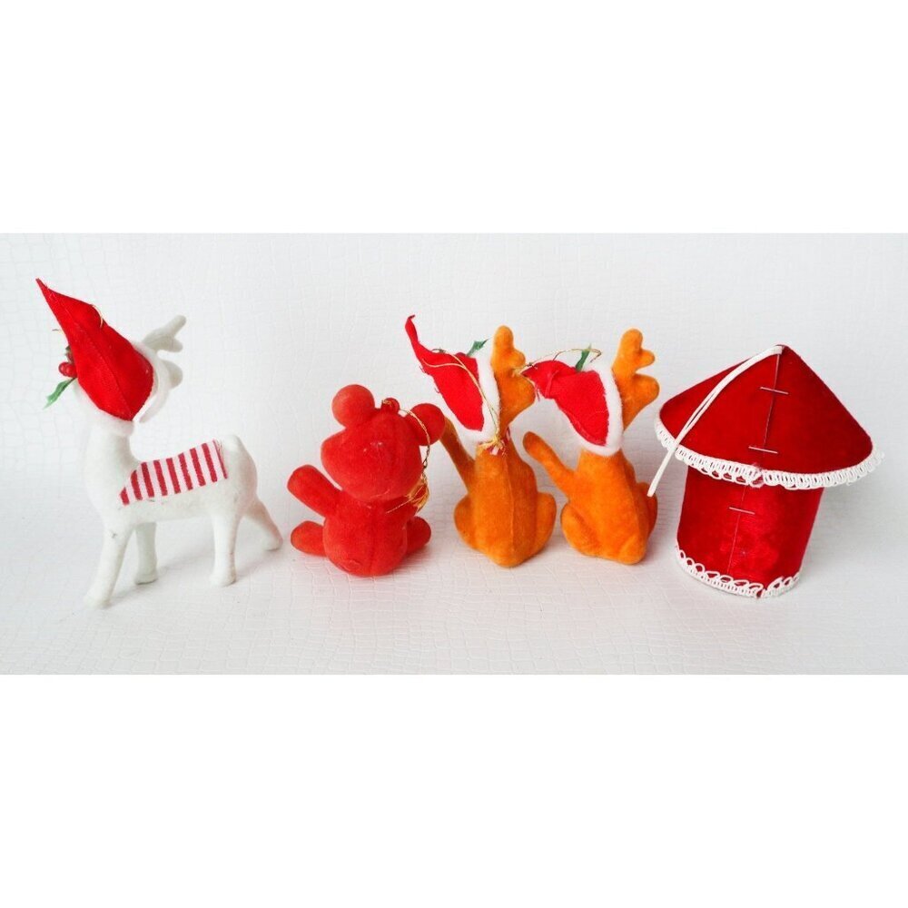 5 Vintage Flocked Christmas Tree Ornaments Deer Bird House With White Dove & Bea - Picture 6 of 7